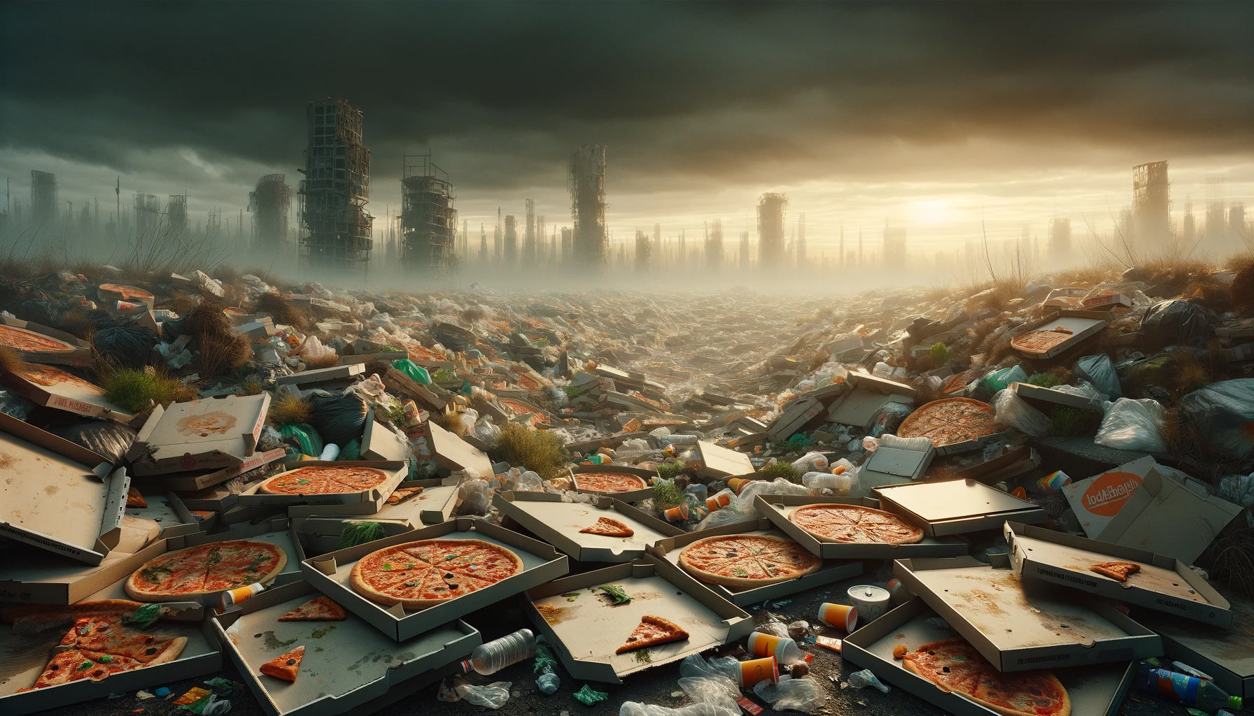 Single-use pizza boxes horror scenario dumpster trash waste not sustainable environment AI